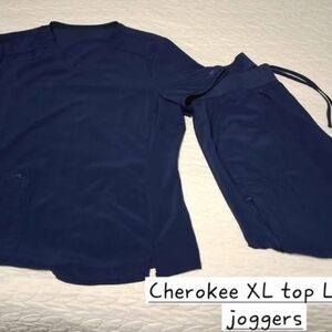 Cherokee Dark Blue Scrubs XL top L jogger Bottoms